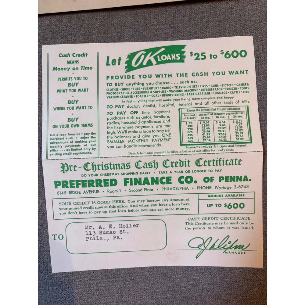 Vtg Preferred Finance Co Philadelphia Cash Credit Certificate Ephemera Envelope